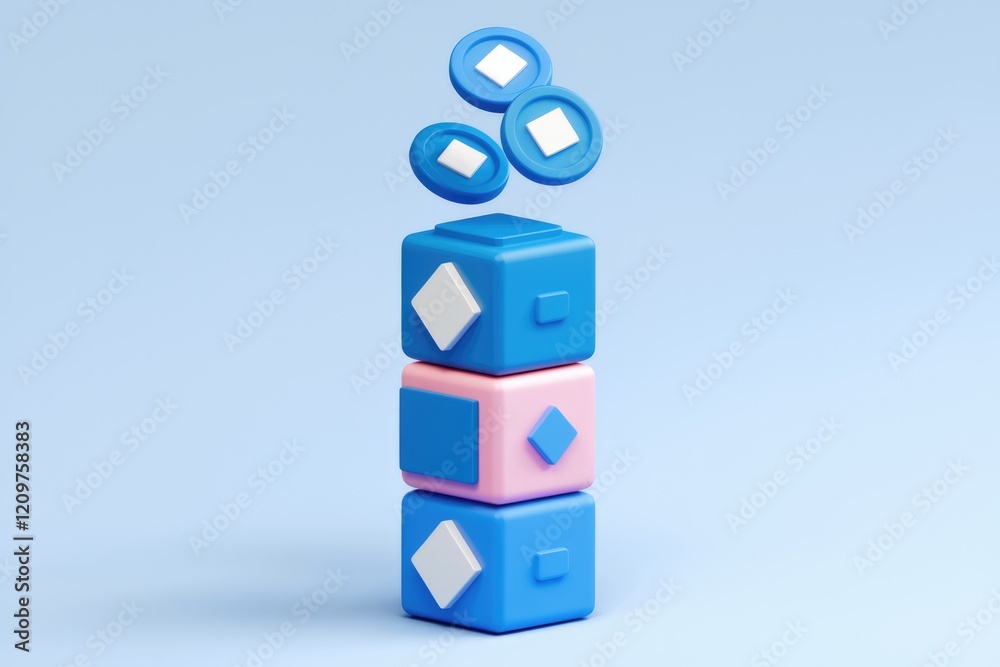 Poster stack of blue and pink cubes with floating blue diamond shapes, symbolizing data accumulation or pro