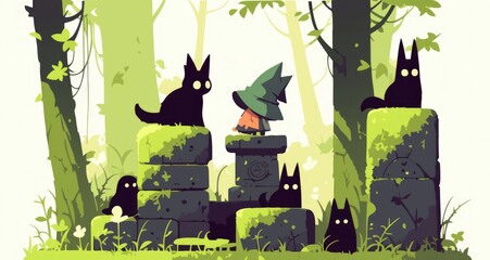 A whimsical forest scene with cats and a wizard