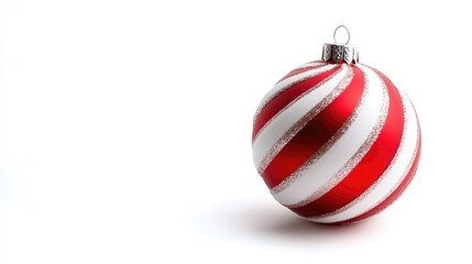 Red and white striped Christmas ornament on white background, holiday decoration