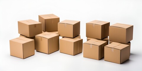  Set of Cardboard Boxes in Various Angles and Styles on White Background