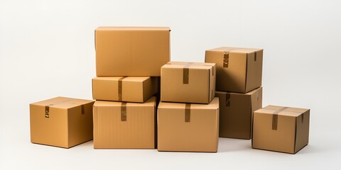  Set of Cardboard Boxes in Various Angles and Styles on White Background