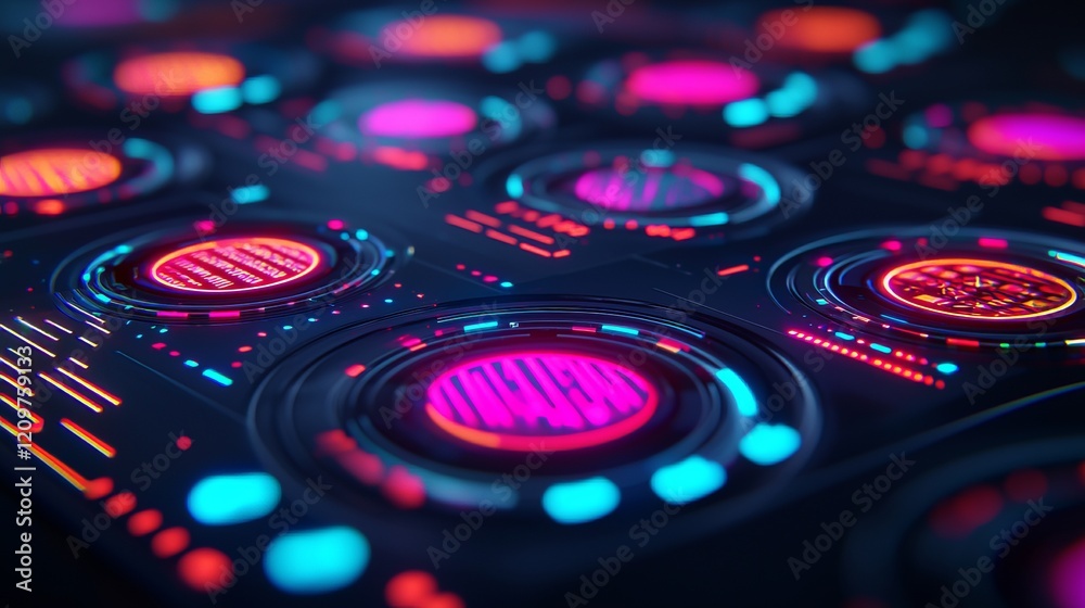 Wall mural a vibrant, futuristic interface with glowing circular elements and colorful data displays on a dark 