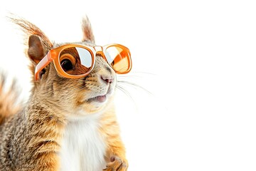A playful squirrel with acorn-shaped sunglasses, perfect for a commercial ad.blank templated, rule of thirds, space for text, isolated white background neon light, extreme right, rule of third