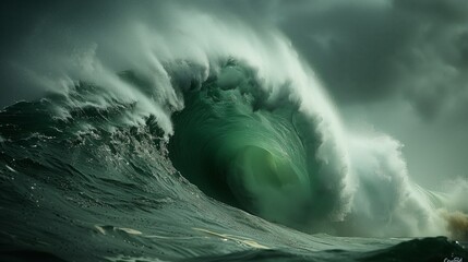 Massive green wave crashing powerfully in overcast sky, capturing the intensity of surf culture