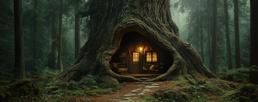 A cozy cottage nestled inside a giant, hollowed-out cedar tree, surrounded by a tranquil forest.