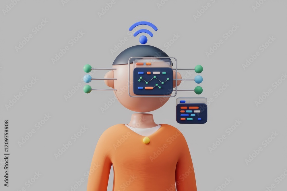 Poster 3D render of a person connected to data streams, representing digital transformation and AI integration.