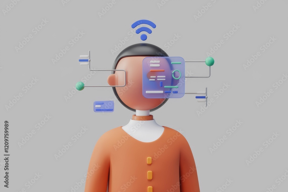 Poster 3D illustration of a person connected to digital interfaces, representing data processing and network connectivity.