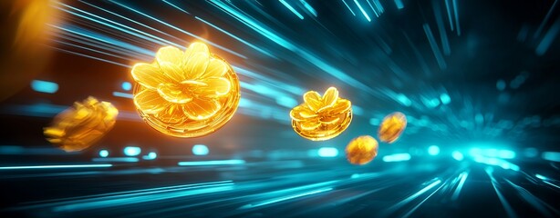 The image depicts glowing golden objects moving swiftly through a blue futuristic background, suggesting themes of speed and technology.