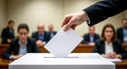 Businessman places a ballot to elect a new board of directors at the company