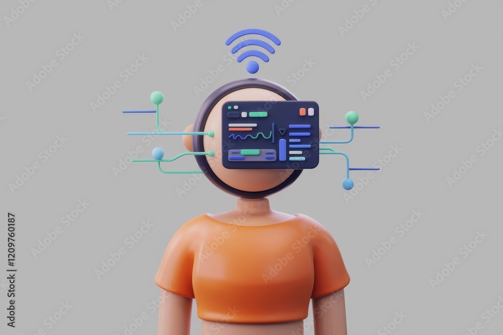 Poster 3d illustration of a person with a digital interface connected to their head, symbolizing technology