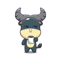 buffalo mascot cartoon character vector illustration is tired and sleepy holding coffee.