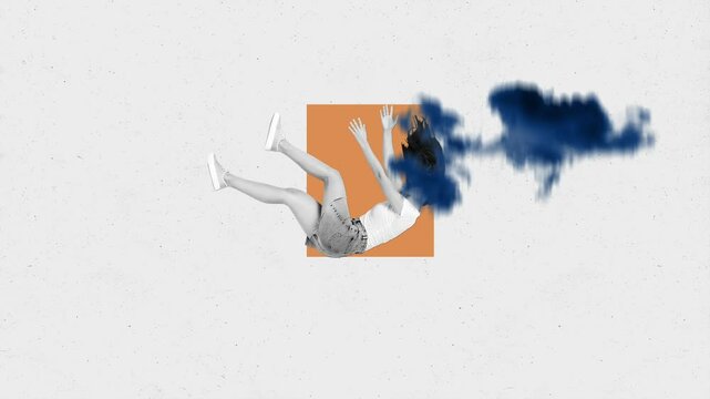 Creative motion art collage video of shocked panic girl fall clouds autumn weather cyclone employee dismissal down rebuke fail