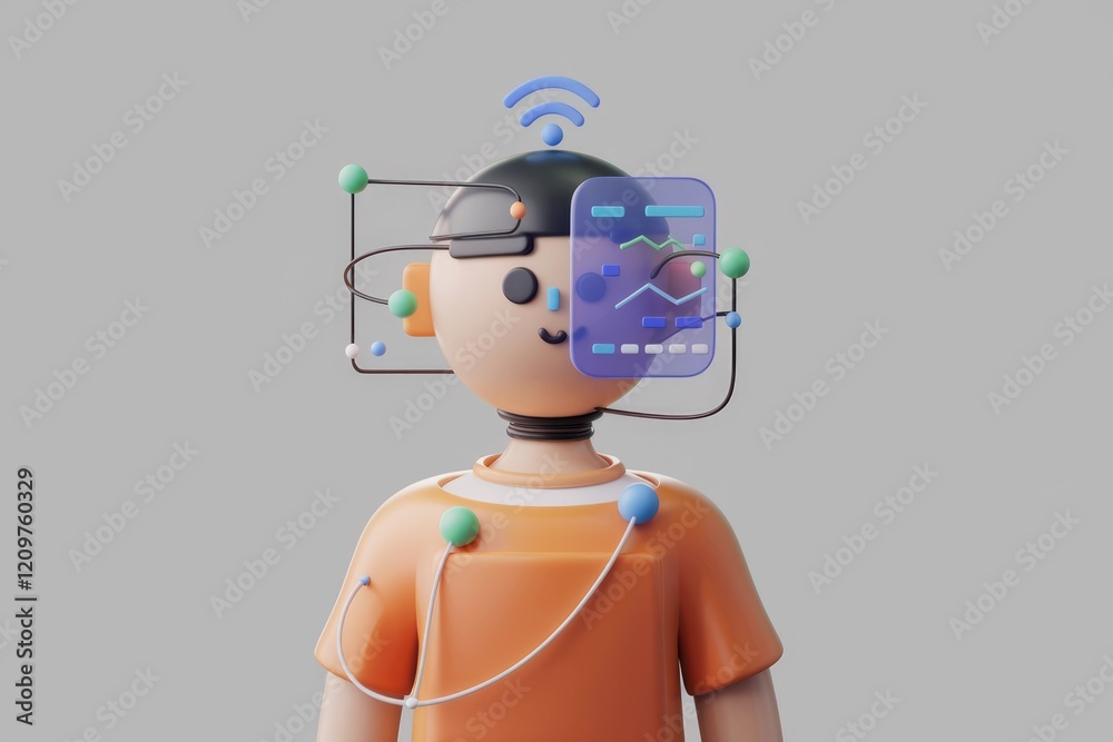 Poster a 3d illustration of a cute robot connected to a digital interface, showcasing futuristic technology