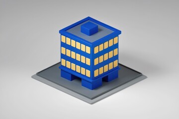Fototapeta premium A low-poly 3D model of a blue building with yellow windows, sits on a gray base.