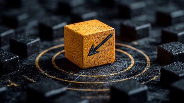 Yellow cube with arrow down, target concept.