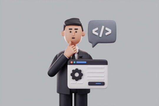 A thoughtful 3D cartoon businessman contemplates web development and coding solutions.