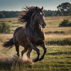 A proud stallion galloping through a field with flowing mane.