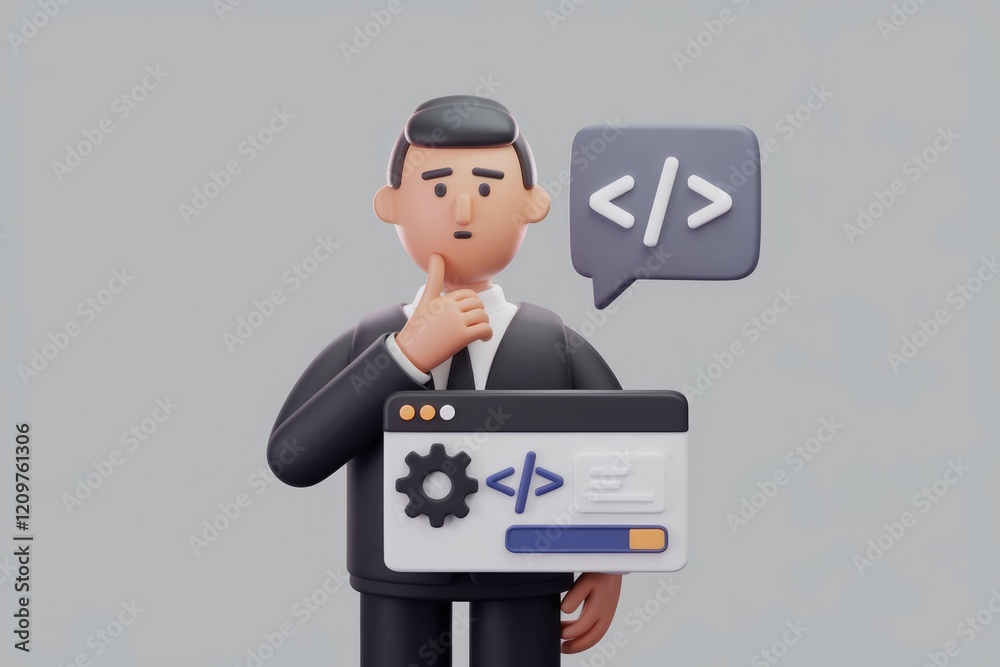 Poster a 3d cartoon businessman contemplates code, holding a webpage with settings and code symbols.