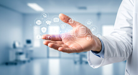 Doctor displays medicine system. Public health elements 