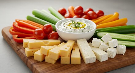 Fresh vegetable and cheese platter with creamy dip
