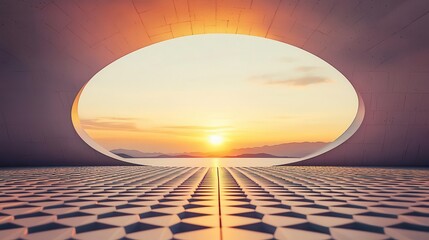 Pavilion glowing at sunset, blending organic shapes with modern design, 3D illustration