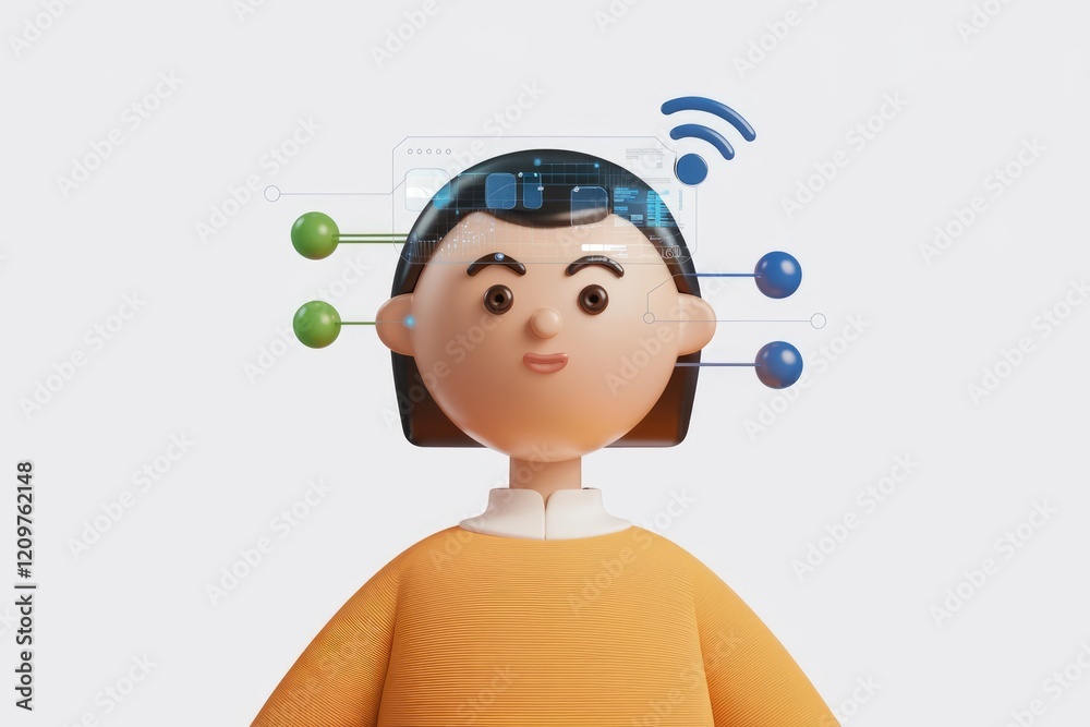 Poster 3d cartoon illustration of a person with digital connections symbolizing technology integration.