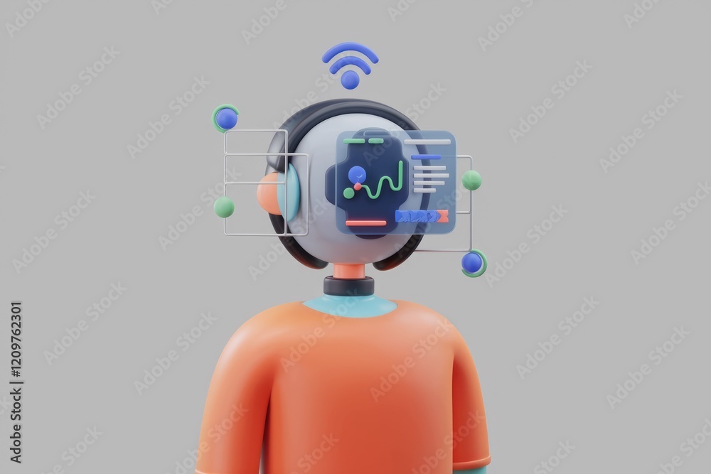Aufkleber 3d illustration of a person with a futuristic headset connected to data streams, representing ai and
