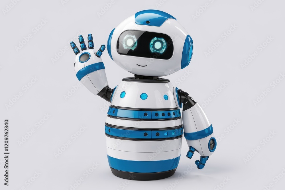 Poster Friendly robot waving hello, showcasing advanced AI and futuristic design.