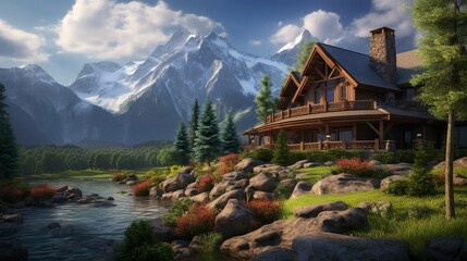 Fototapeta premium A photo of a Mountain Cabin Residence with View of nature