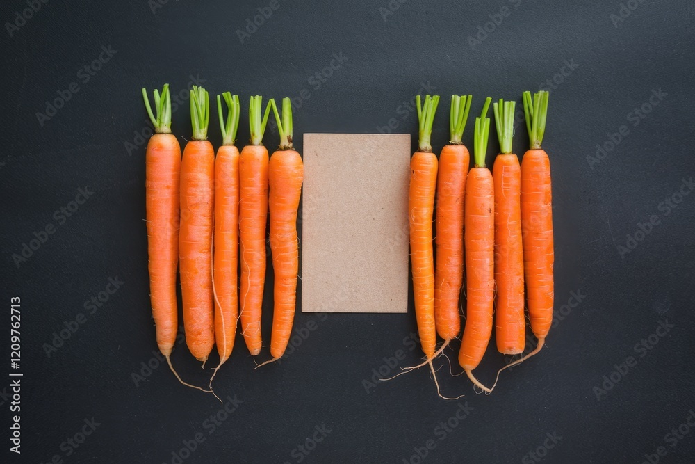 Poster Two groups of fresh carrots arranged symmetrically on a dark surface with a blank card in between.