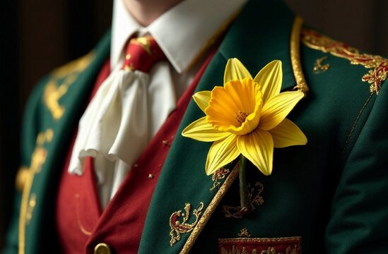 Traditional Welsh cloth with a yellow daffodil flower for Saint David's Day celebration in Wales on the first of March. AI generated image