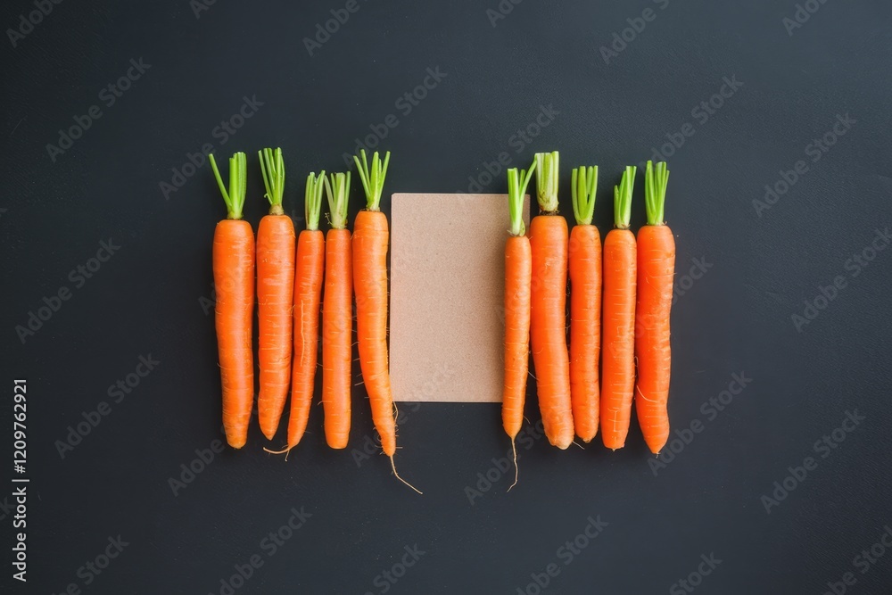Poster Two groups of carrots are separated by a blank card on a dark background.