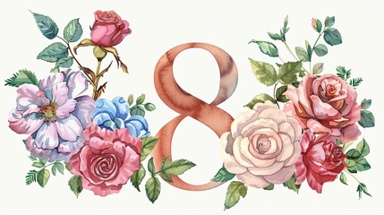 Elegant Number 8 Hand Painted with Watercolor Flowers and Roses