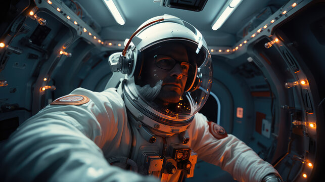 astronaut in space suit inside spacecraft, focused and ready for mission. interior is illuminated with orange lights, creating dramatic atmosphere