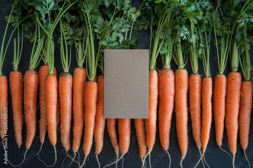 Poster a row of fresh carrots with their green tops, arranged neatly against a dark background with a blank