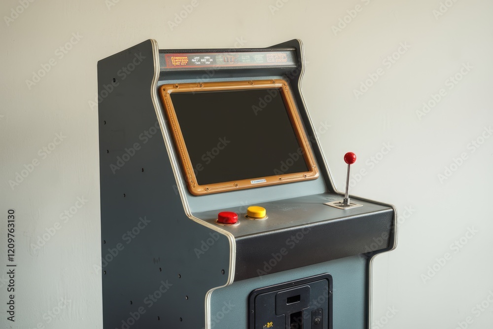 Poster Retro arcade game cabinet with joystick and buttons, ready for classic gaming action.