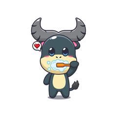 buffalo mascot cartoon character vector illustration brushing teeth.