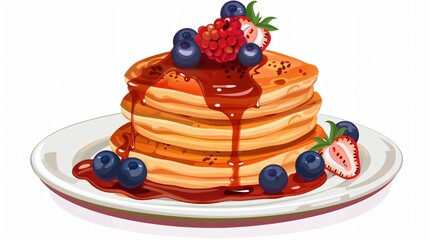 Delicious Pancakes Plate Cartoon Icon with Berries - Sweet Dish for Design