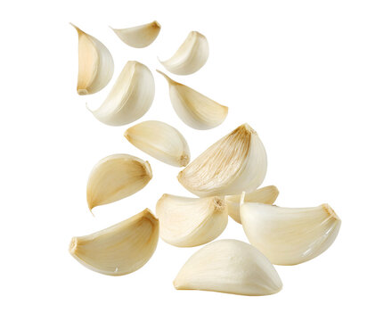 Thin garlic slices jumping in mid-air, isolated on a white transparent background, dynamic motion effect perfect for spice packaging, cooking ingredient ads, food branding, organic seasoning promotion
