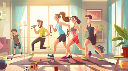 Family Fitness: Parents and Kids Training Together in Home Gym Interior