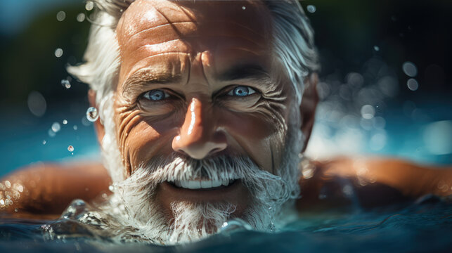 Active senior man swimming in pool, showcasing joy and vitality. His bright blue eyes and white beard reflect healthy lifestyle and enjoyment of water activities