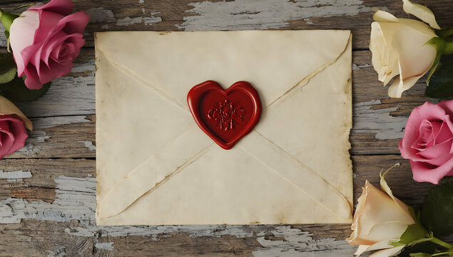 Vintage envelope sealed with red wax heart, nestled among soft pink and white rose petals on weathered wooden surface, expressing romantic sentiment