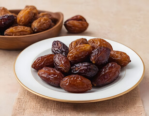 dried dates on a wooden table, Dates presented in a plate for aftari