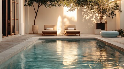 Serene Twilight Scene with Swimming Pool and Soft Lighting