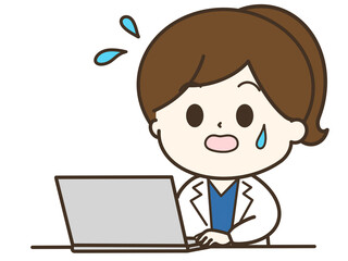 焦っているパソコンを使う白衣の女性のゆるかわイラスト