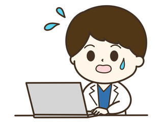 焦っているパソコンを使う白衣の男性のゆるかわイラスト