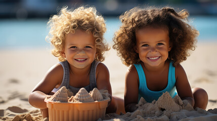 Two kids playing on beach, building sandcastles with joy and laughter. Their curly hair shines in sunlight as they enjoy fun summer day