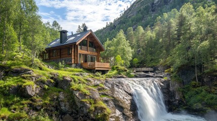Cabin by the Waterfall in a Lush Green Forest
