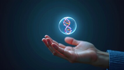 DNA strand with vibrant molecules, encased in lipid, hovers above a palm&mdash;symbolizing genomic breakthroughs