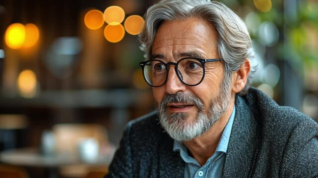 Thoughtful Senior Man: A portrait of a mature man with salt-and-pepper hair and glasses, his expression conveying thoughtfulness and perhaps a hint of concern. The warm.